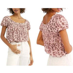 FREE PEOPLE Meg's Leopard Print Cropped Mesh Bubble Hem Top Women's‎ XS